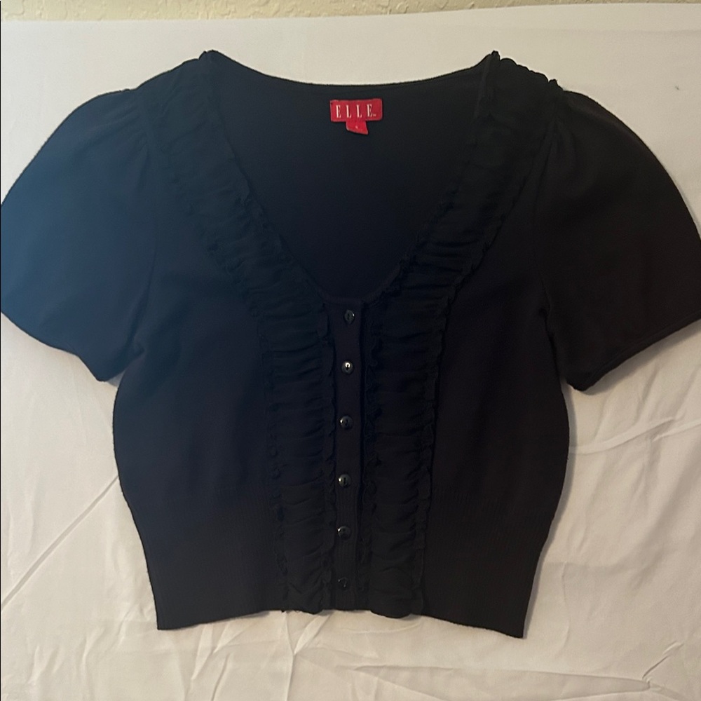 ELLE Black Ruffle-Trim Cropped Button Front Top